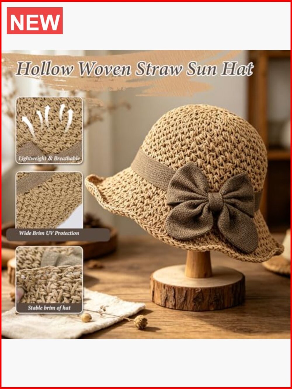 Woven Straw Wide Brim Sun Hat with Bow, Adjustable, Foldable for Travel - Picture 4 of 7